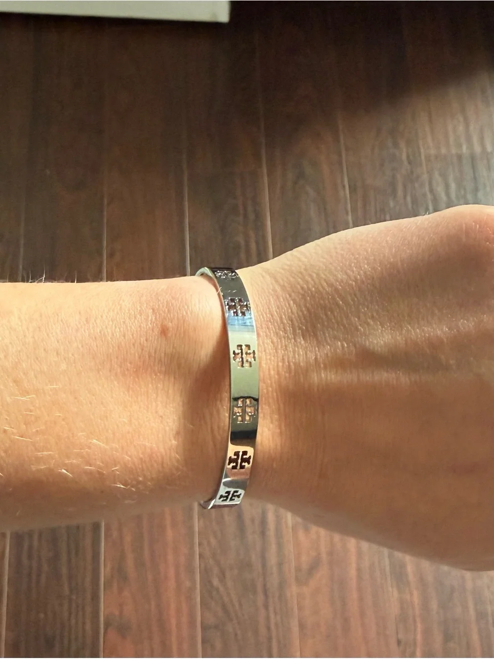 Tory Burch Polished Silver Logo Cutout Bangle